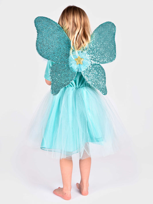 BLUE FAIRY COSTUME WITH WINGS AND WAND