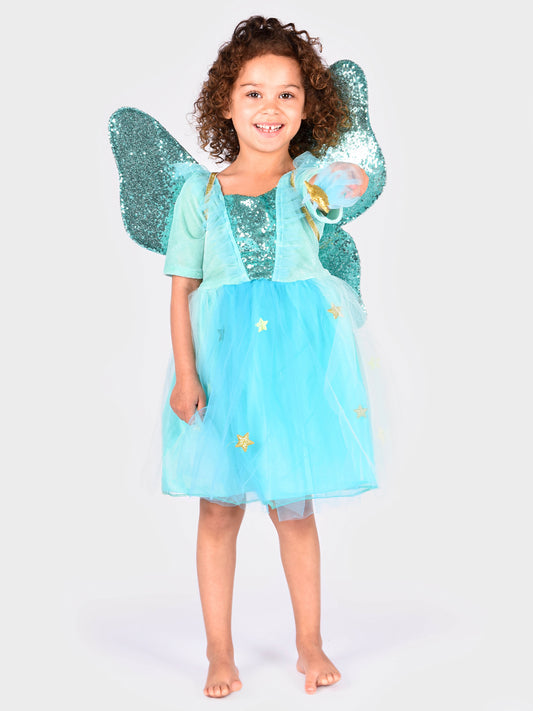 BLUE FAIRY COSTUME WITH WINGS AND WAND